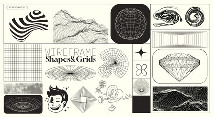 A collection of futuristic Y2K wireframe patterns and geometric grids for layouts and design. Vector illustration kit