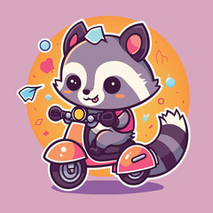 A cartoon raccoon is riding a scooter.