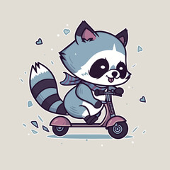 A cartoon raccoon is riding a scooter with a blue ribbon around its neck.