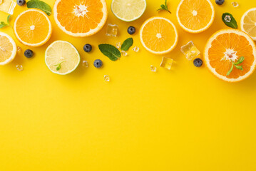 Juicy summer concept. Top view of citrus fruits - orange, lemon, lime, and mint leaves on a yellow background with an empty space for text