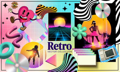 A collection of retro postmodern stickers, shapes and textures with styles from the 80s and 90s. Vector illustration