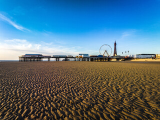 Rippled Sandy Beach, Blackpool Tower and North Pier with Ferris Wheel