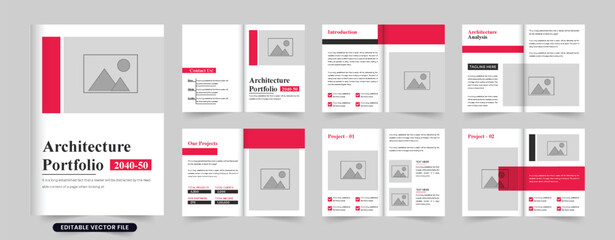 Fototapeta na wymiar Modern architecture business promotional brochure template vector with dark and red colors. Real estate architect portfolio booklet vector with photo placeholders. Architecture business profile design