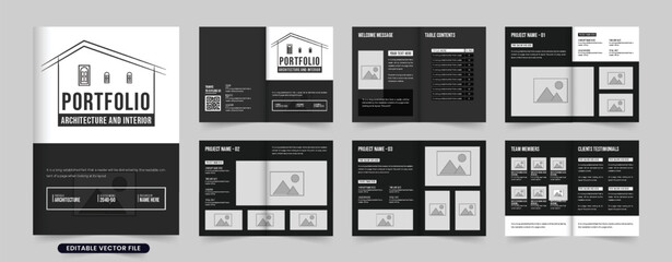 Architecture portfolio and magazine layout vector with photo placeholders. Real estate business booklet design with black and white colors. Architect profile and project catalog vector.