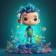 Fototapeta na wymiar Young boy with ocean illustration. Generative AI.