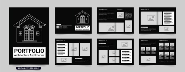 Real estate architect portfolio design with project catalogs. Architecture business profile magazine and template vector with dark colors. Architecture promotional booklet with photo placeholders.