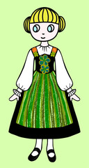 チロル地方の民族衣装を着た女の子のイラスト、チロルの民族衣装のイラスト、刺繍の入った可愛い民族衣装のイラスト、東欧の民族衣装のイラスト