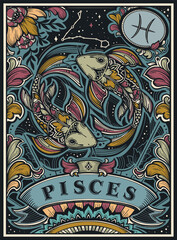 Beautiful colorful pre-made card with Pisces zodiac sign illustration and flowers in ornate victorian style.