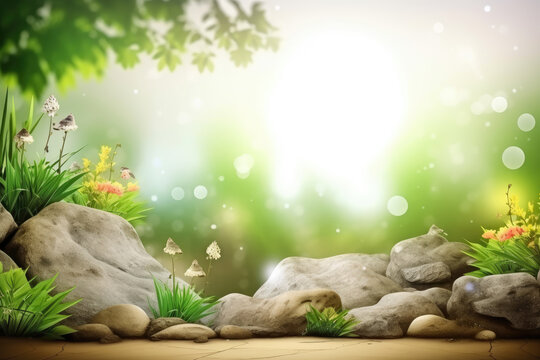 A summer natural background with rocks and different kinds of plants. Created with Generative AI.