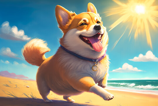 Happy Welsh Corgi dog running on a sand beach in a sunny summer day. Created with Generative AI.