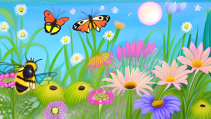 A beautiful secret fairytale garden with flower arches, butterflies, and colorful greenery. Digital Painting Background - AI-Generated Illustration.