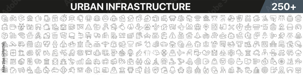 Wall mural Urban infrastructure linear icons collection. Big set of more 250 thin line icons in black. Urban infrastructure black icons. Vector illustration