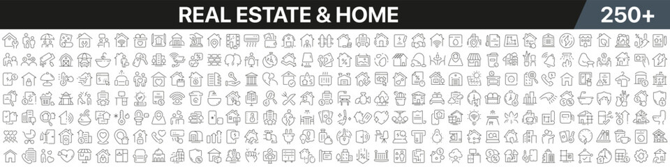Real estate and home linear icons collection. Big set of more 250 thin line icons in black. Real estate and home black icons. Vector illustration - obrazy, fototapety, plakaty