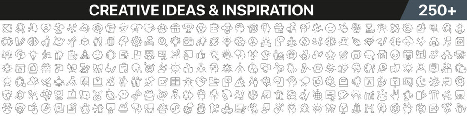 Fototapeta na wymiar Creative ideas and inspiration linear icons collection. Big set of more 250 thin line icons in black. Creative ideas and inspiration black icons. Vector illustration