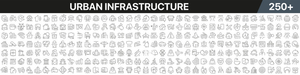 Urban infrastructure linear icons collection. Big set of more 250 thin line icons in black. Urban infrastructure black icons. Vector illustration