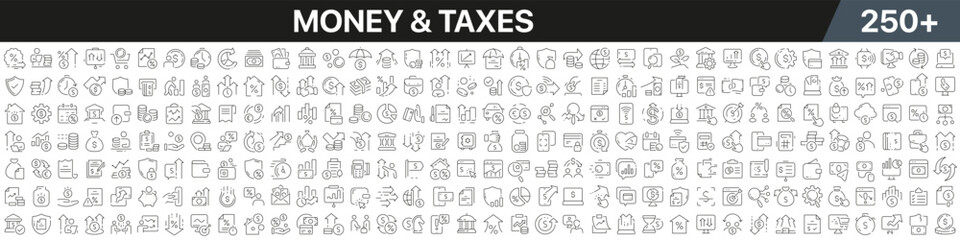 Money and taxes linear icons collection. Big set of more 250 thin line icons in black. Money and taxes black icons. Vector illustration