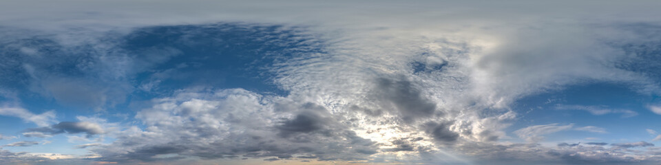 evening sky with cumulus clouds as seamless hdri 360 panorama with zenith in spherical equirectangular projection may use for sky dome replacement in 3d graphics,  game development and edit drone shot