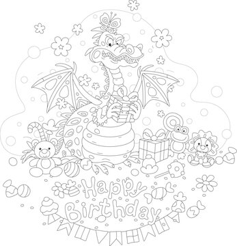 Happy birthday card with a funny fire-breathing dragon and its holiday gifts, sweets and toys, black and white outline vector cartoon illustration