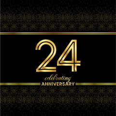 24 Golden Double Line Number. Anniversary invitation cover with glitter separated by golden double lines on a black background