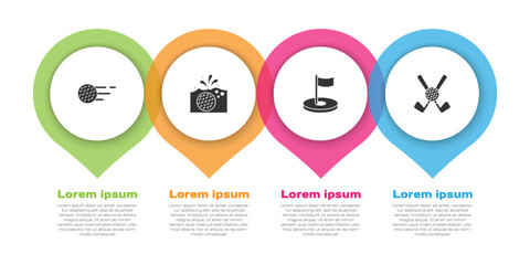 Set Golf ball, in water, hole with flag and Crossed golf club. Business infographic template. Vector