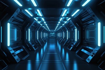 Futuristic Sci-Fi Tunnel with Neon Lights and Reflective Floors generative ai illustration