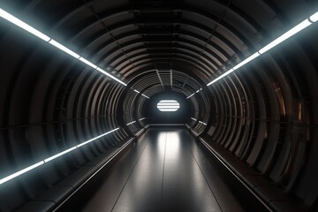 Futuristic Sci-Fi Tunnel with Neon Lights and Reflective Floors generative ai illustration