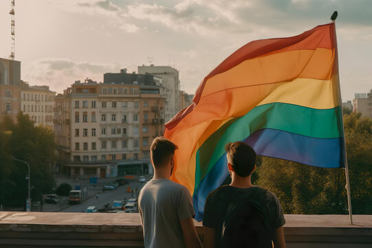 A couple of gay men standing next to each other holding a rainbow pride flag created with Generative AI technology