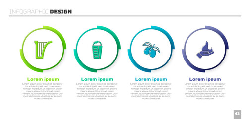 Set Harp, Gyros Pita Greek, Olives branch and Hand holding fire. Business infographic template. Vector