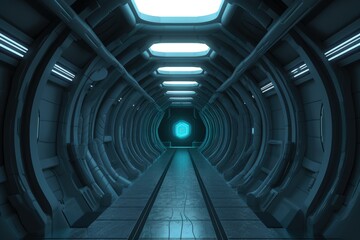 Obraz premium Futuristic Sci-Fi Tunnel with Neon Lights and Reflective Floors generative ai illustration