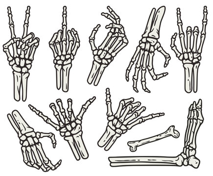 Skeleton hand gesture set with bone and leg for halloween design. Hand bones gesture collection or vector graphic elements for tattoo.