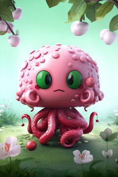 Octopus Character With Fluffy Hair Holding Fruits In Lush Green Garden Background Generative Ai Digital Illustration Part#120423
