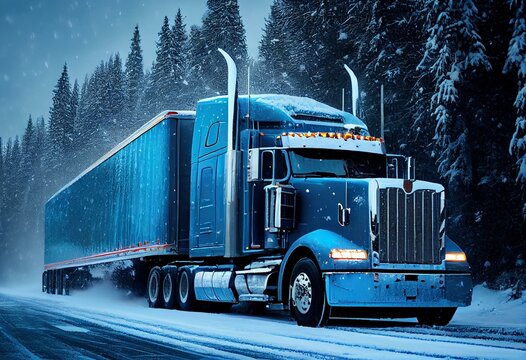 Big rig blue semi truck tractor transporting commercial cargo in refrigerator semi trailer going on the wet road with melting snow with winter snowy trees on the side. Generative AI