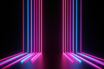 abstract minimal background, vertical pink blue neon lines, glowing in the ultraviolet spectrum. Cyberspace. Laser show. Futuristic generative ai wallpaper.	