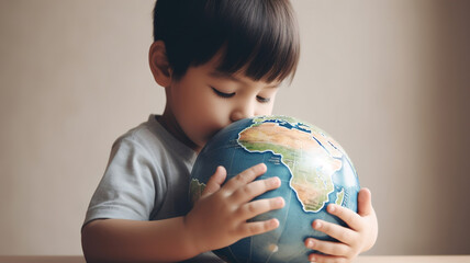 Fototapeta Child holding a globe in hands, hugging Earth planet, Earth Day concept obraz