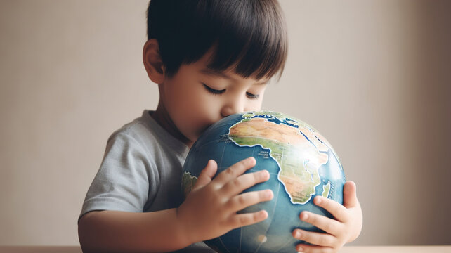 Child holding a globe in hands, hugging Earth planet, Earth Day concept