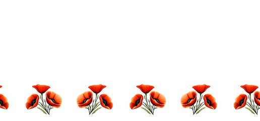 Stylized Red Poppies Digital Painting, Watercolor Style, Seamless Border with White Background and Copy Space, Remembrance Day, Pastel Color
