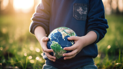 Child hands holding planet earth, Earth Day concept