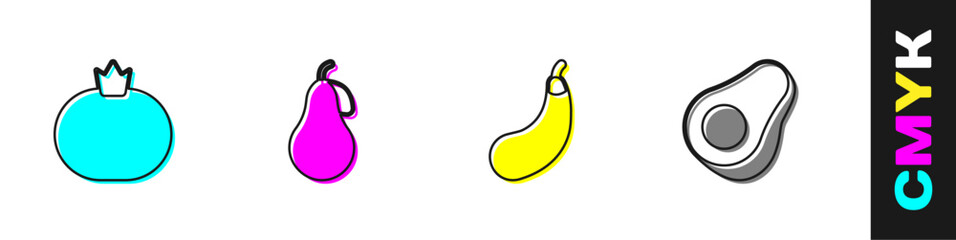Set Tomato, Pear, Eggplant and Avocado fruit icon. Vector