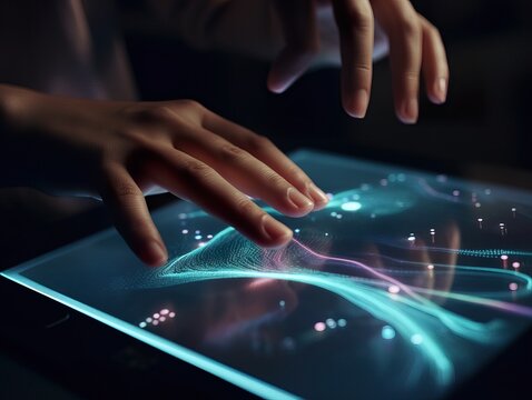  Hands Interacting with Transparent Tablet with Digital Data Streams