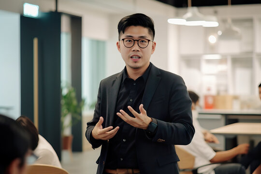 A fictional person. Charismatic Speaker Giving Business Presentation in Coworking Space, Southeast Asia