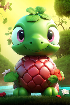 Sea Turtle Character With Fluffy Hair Holding Fruits In Lush Green Garden Background Generative Ai Digital Illustration Part#120423