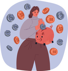 Vector illustration of Money, savings, investment, capital concept. Woman teenager girl puts cash in piglike moneybox. Making bank deposit investment currency.