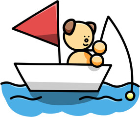 船で釣りをするわんまるのイラスト(左右反転バージョン)　犬