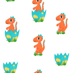 Seamless pattern with newborn orange dinosaur in cartoon style