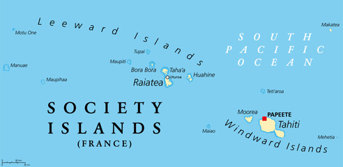 Society Islands, political map. Group of volcanic islands, in French Polynesia, an overseas collectivity of France, in the South Pacific Ocean. Archipelago, divided into Leeward and Windward Islands.