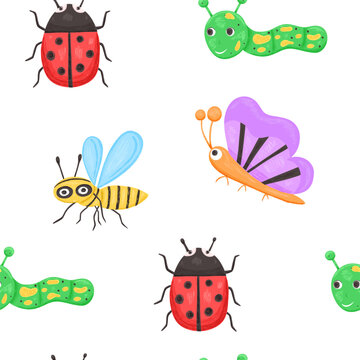 Kids seamless pattern with cute ladybug and bee in cartoon style