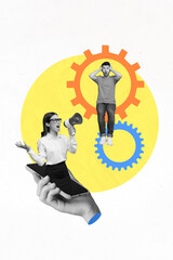 Vertical abstract collage picture of black white effect arm hold smart phone display angry yelling mini girl loudspeaker impressed guy cogwheel gear