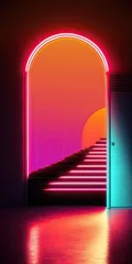 Keuken foto achterwand Donkerrood Neon Glamour Sunset Boulevard Chic 80s 90s Retro Style Background - 80s Sunset Boulevard Retro Backdrop - Neon Sunset Chic 80s and 90s Wallpaper created with Generative AI technology