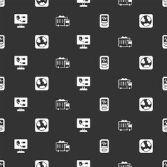 Set Seismograph, Earth globe, Soil analysis and Mining dump truck on seamless pattern. Vector