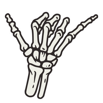 Shaka skeleton hand sign for halloween or Hawaii design. Hand bones gesture for surfing. Vector graphic element for tattoo of surfer and hawaiian.